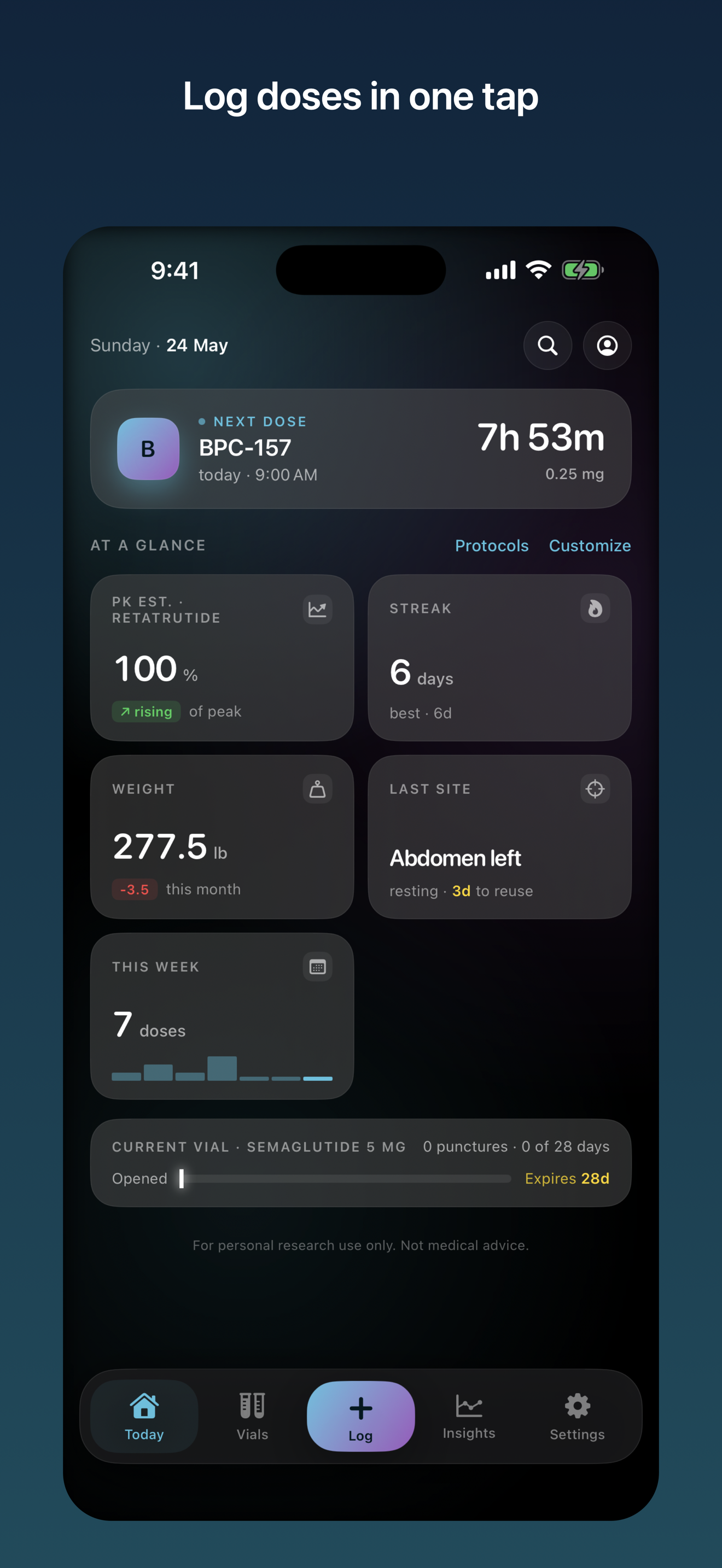 Aliquot Today screen showing next dose, vial, weight, and protocol status.